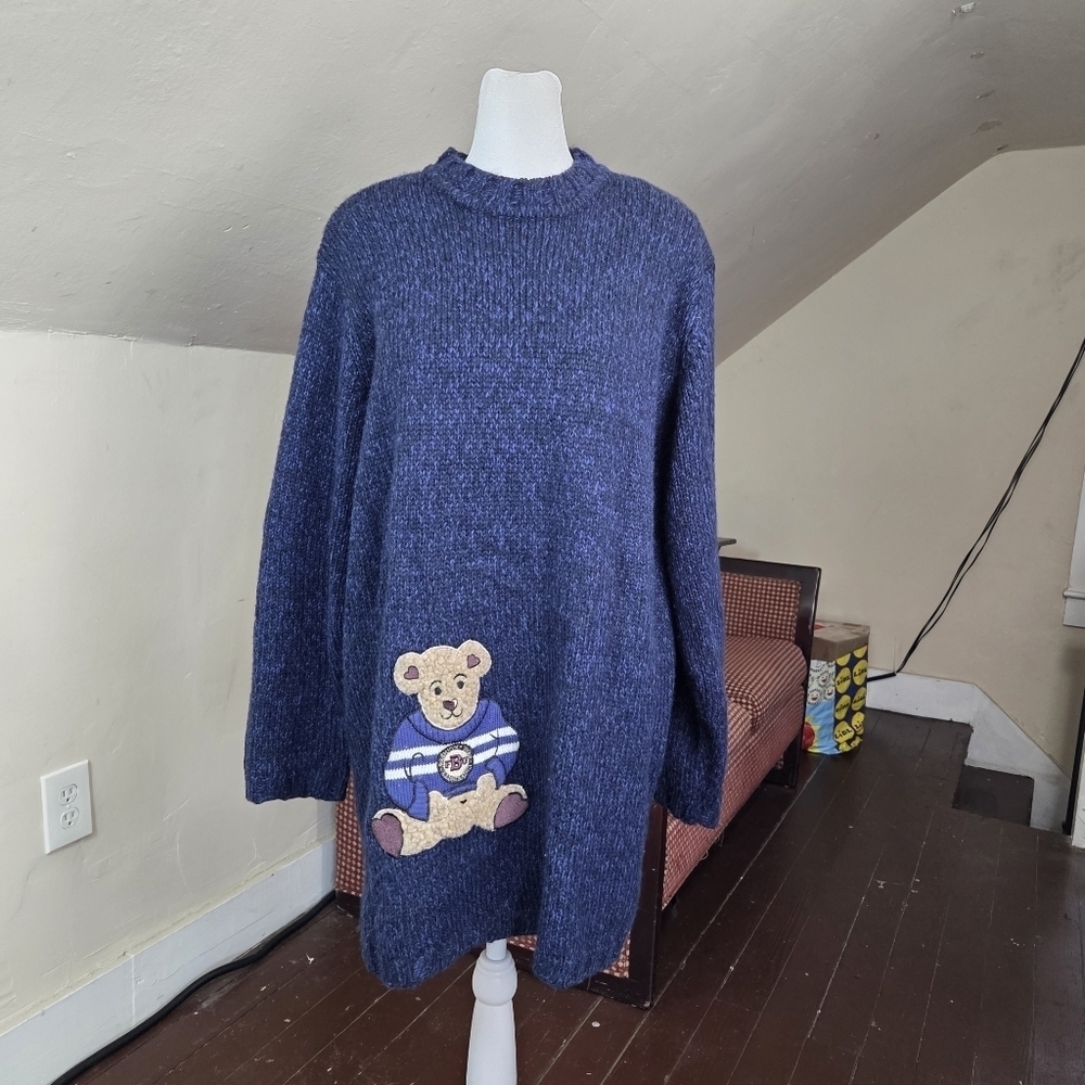 VTG Fashion Bug Teddy Bear Sweater Navy Blue 90s FBU Patch Size 14/16 Acrylic